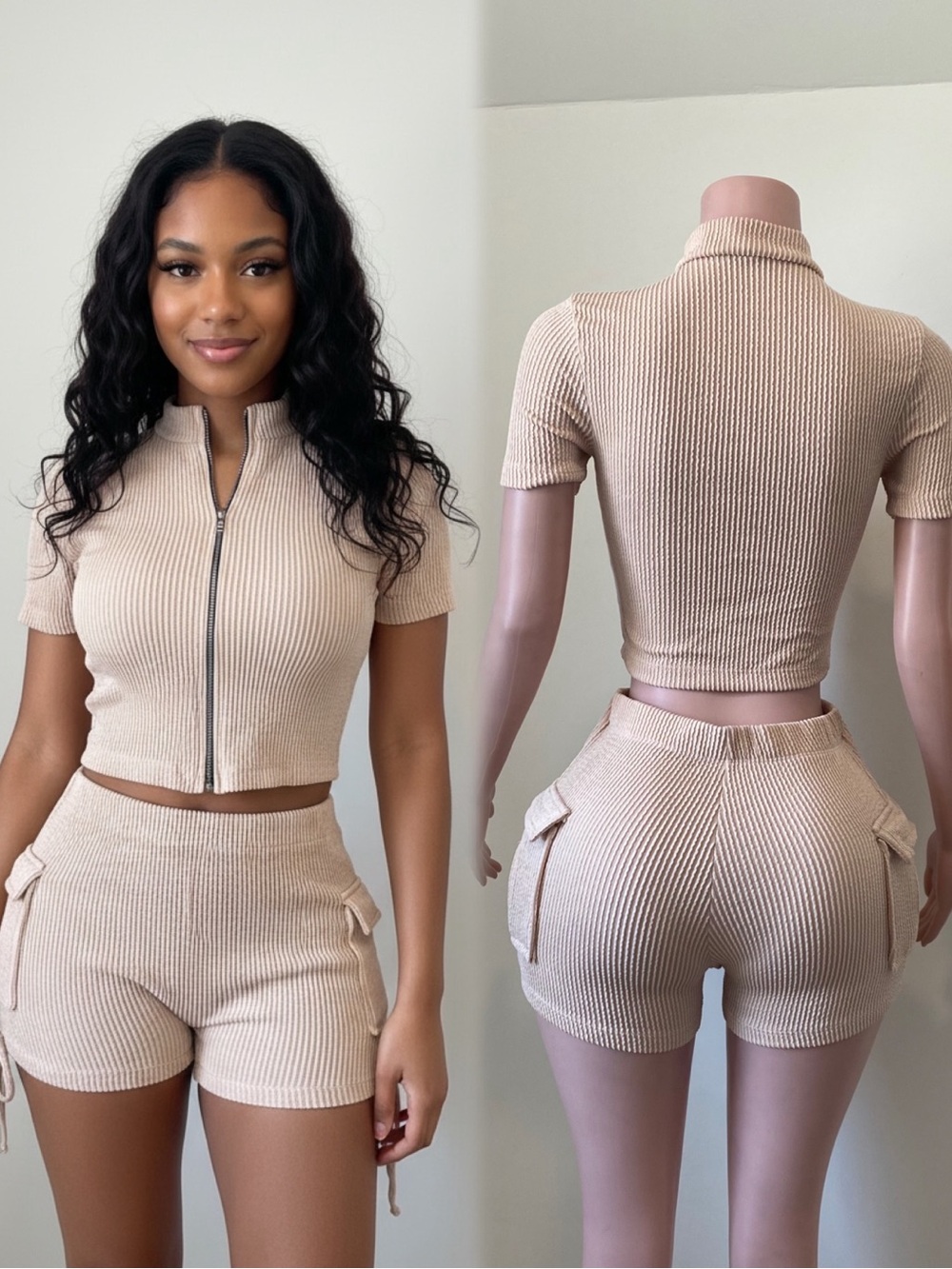 Ribbed Zip-Front Crop Top set in Beige